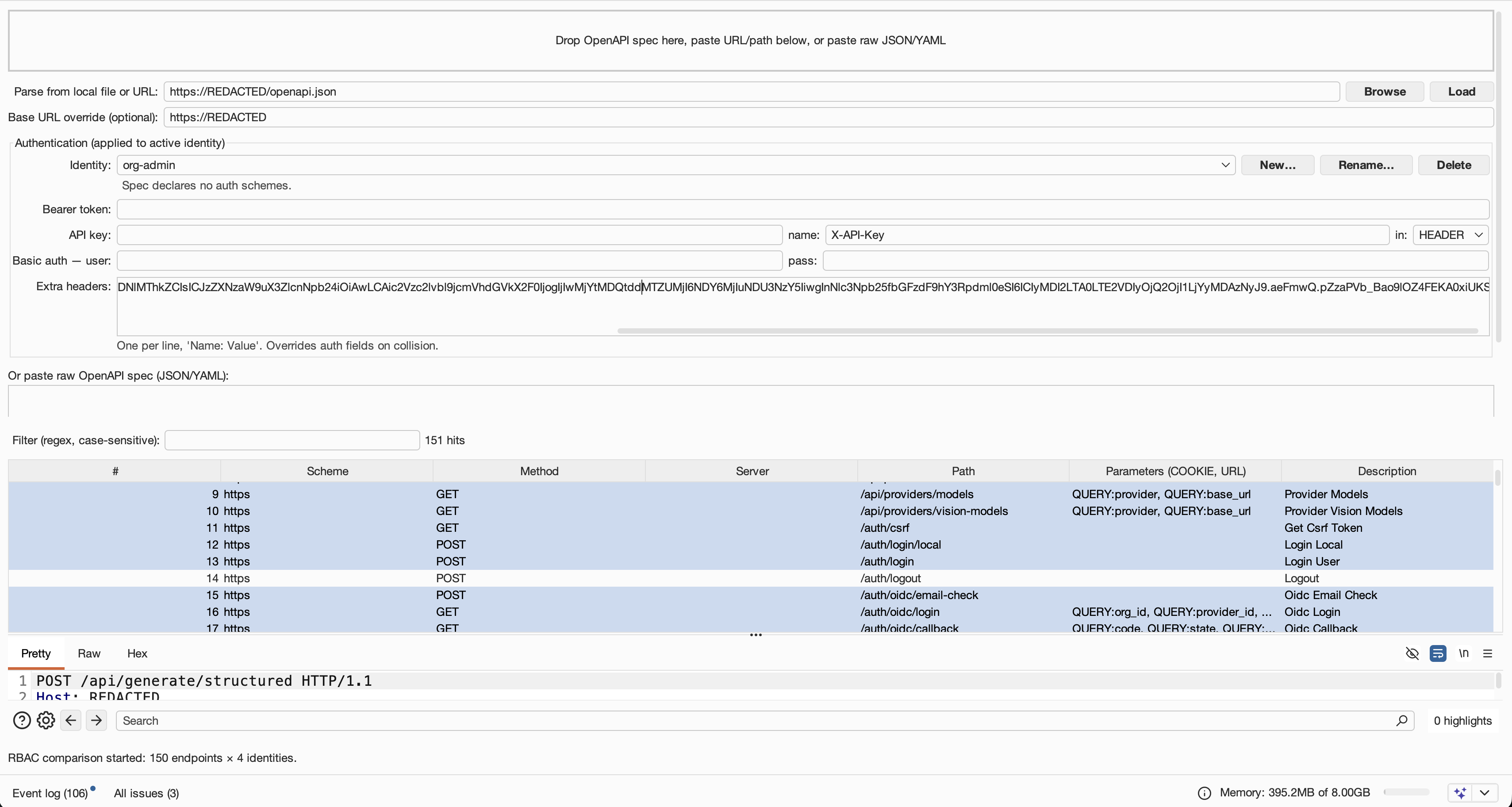 Main panel — spec loaded, four identities configured, session cookie imported, endpoints listed